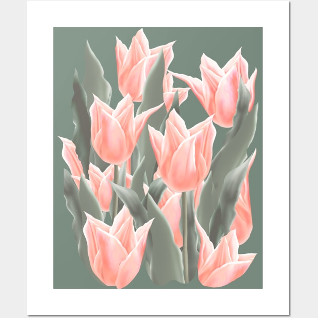 Stylish Peach Tulips Flowers Watercolor Illustration, coral pink color background. Holiday, Birthday, Anniversary Gifts Wall Art by sofiartmedia